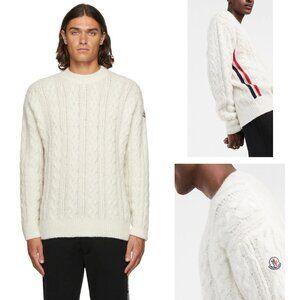 MONCLER SWEATER CABLE KNIT CREW NECK LOGO PATCH SIDE STRAP ALPACA WOOL sz XL